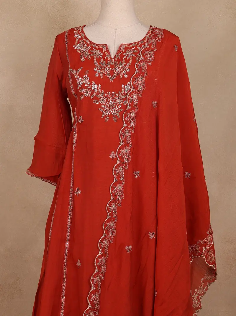 Rust Red Floral Embroidered Design Georgette Salwar Suit 2