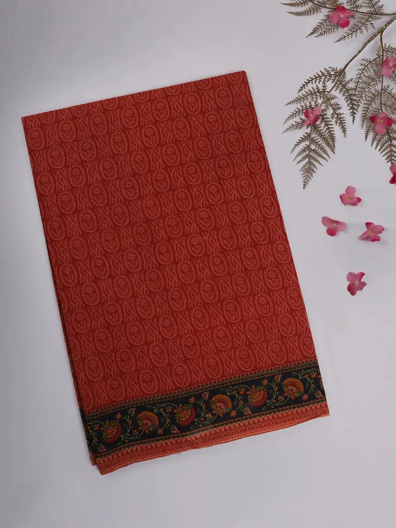 Rust Red Floral Motif Printed Karishma Cotton Saree With Contrast Black Floral Border 1