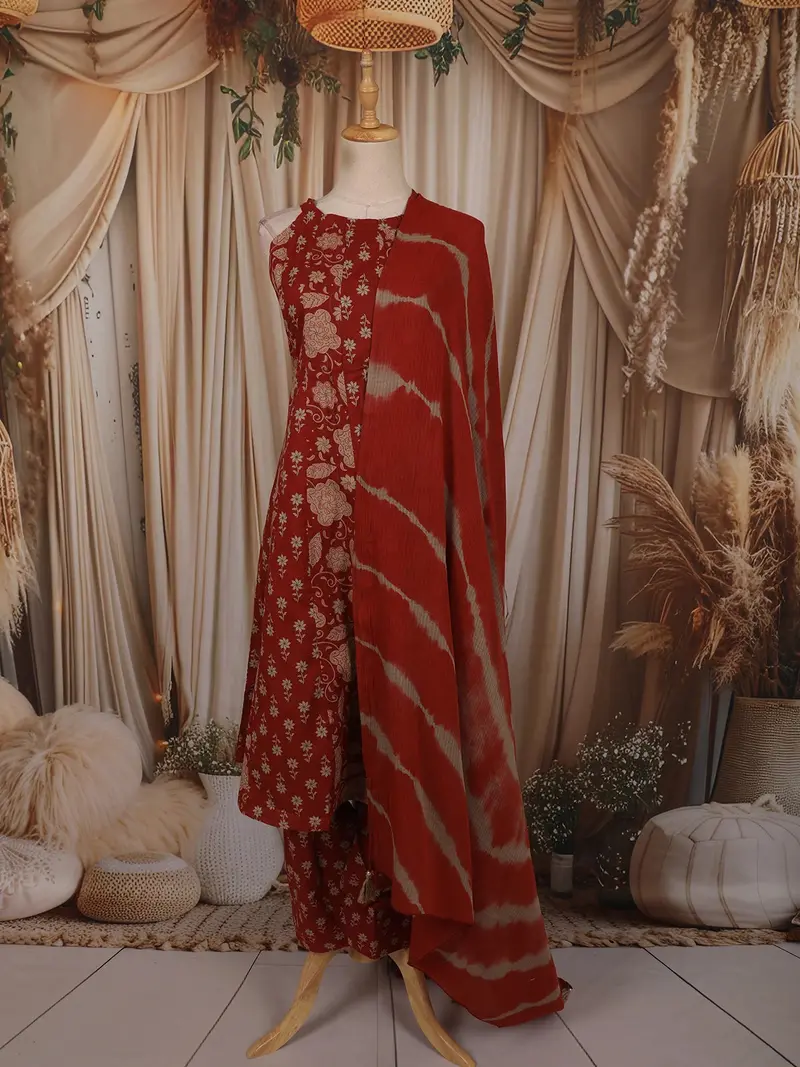 Rust Red Floral Printed Design Cotton Salwar Suit With Dupatta 1