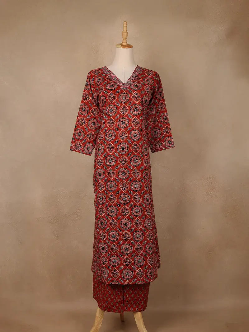 Rust Red Geometric Printed Cotton Salwar Suit 1