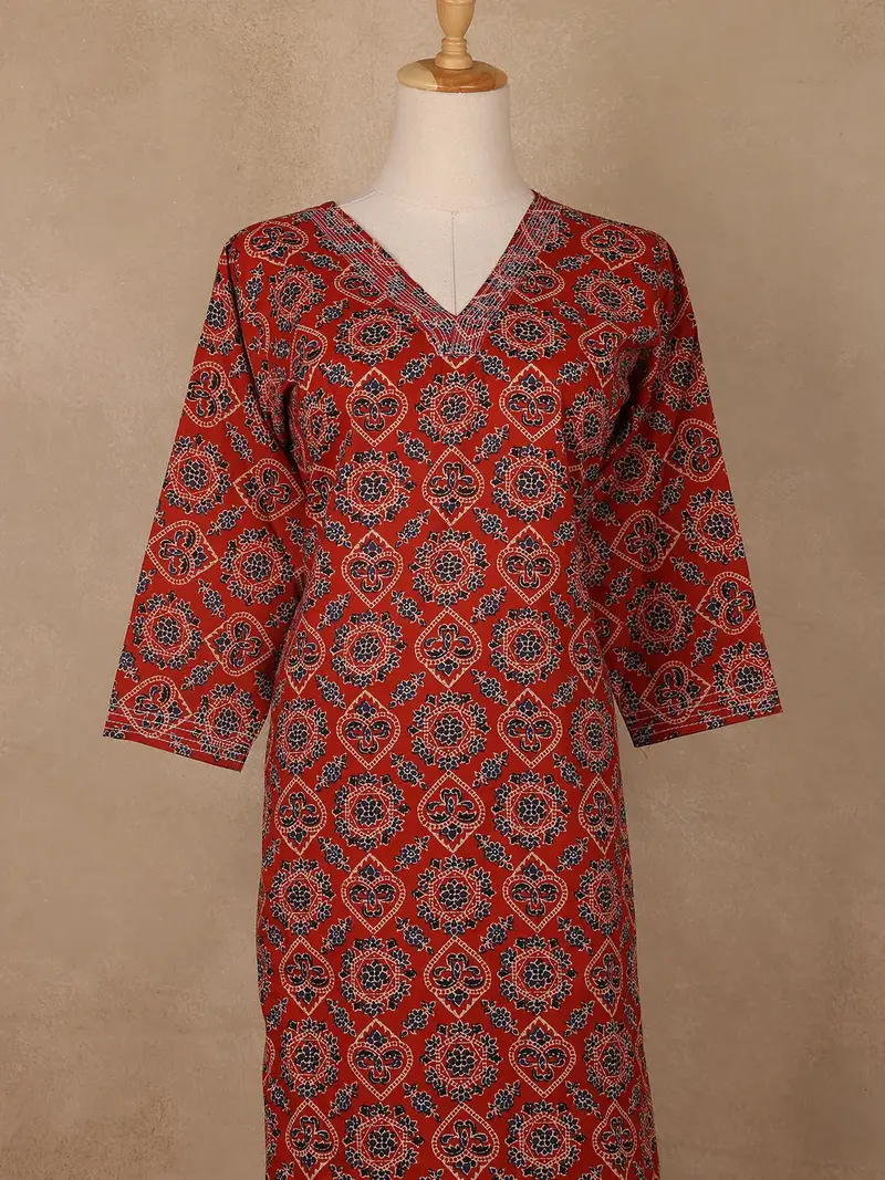 Rust Red Geometric Printed Cotton Salwar Suit 2
