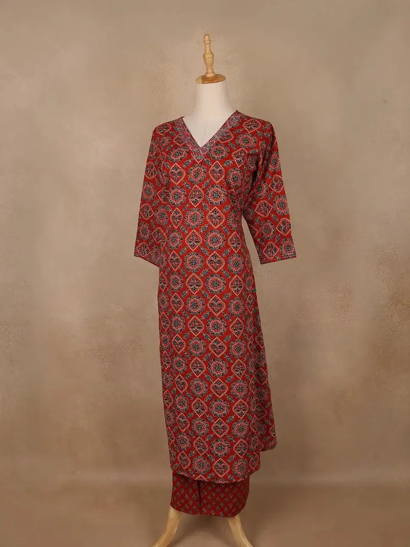 Rust Red Geometric Printed Cotton Salwar Suit 3
