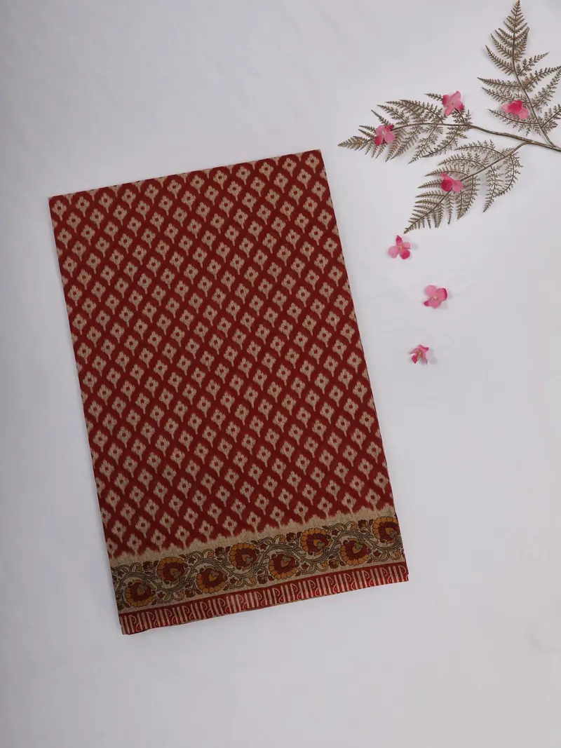 Rust Red Ikat Printed Design Karishma Cotton Saree 1
