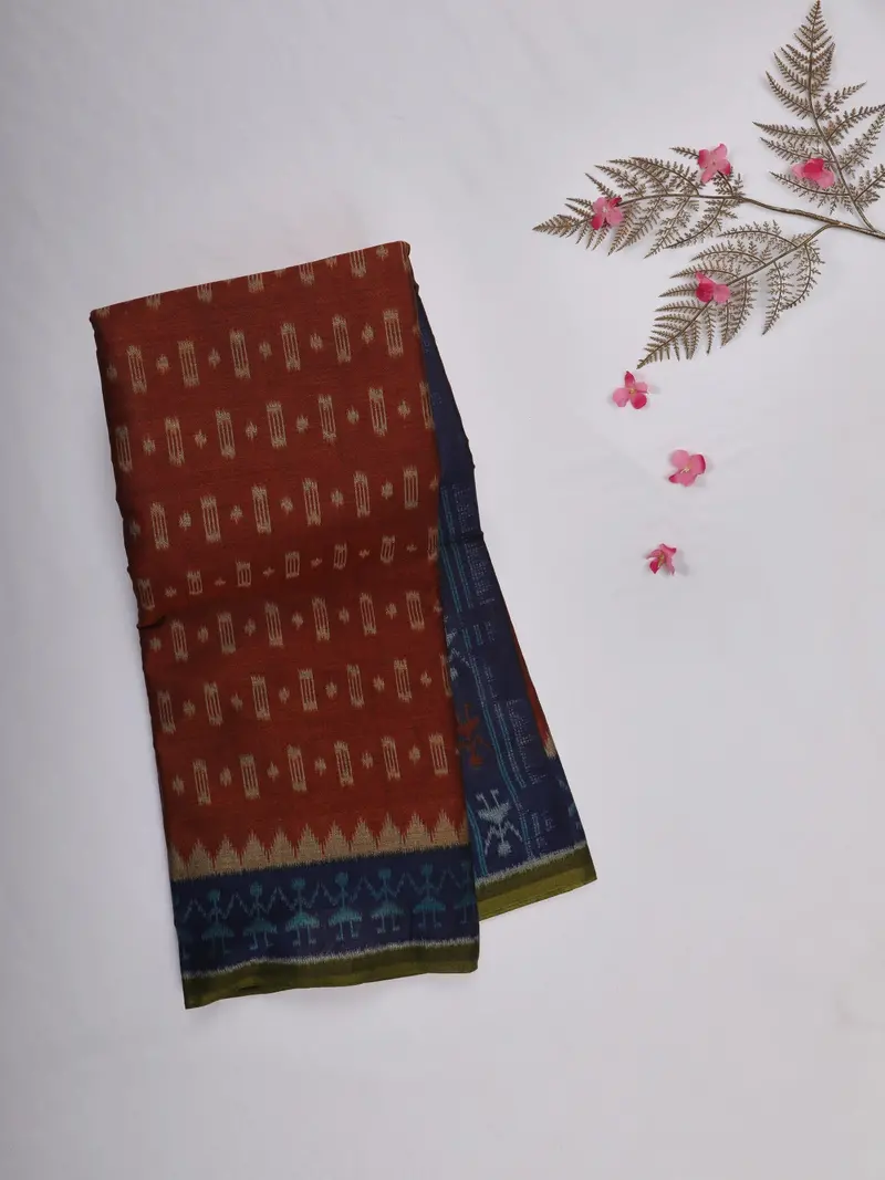 Rust Red Ikat Printed Karishma Cotton Saree With Contrast Navy Blue Border 1