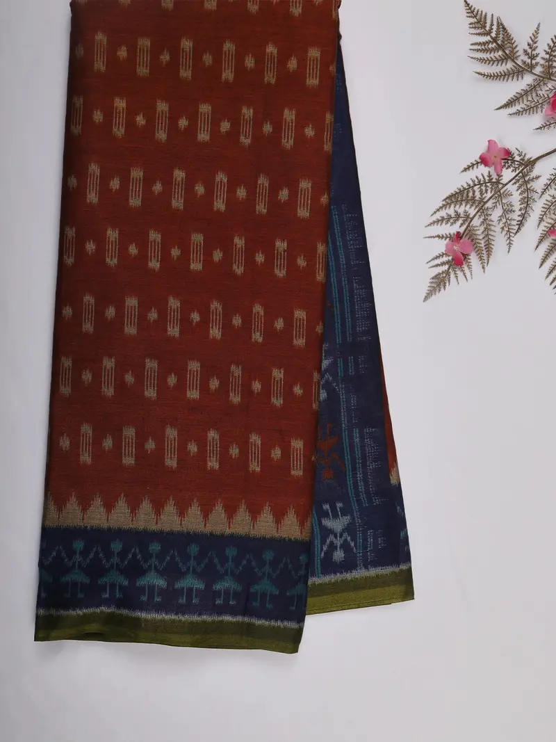 Rust Red Ikat Printed Karishma Cotton Saree With Contrast Navy Blue Border 2