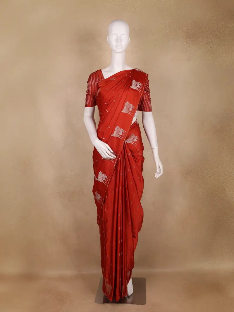 Rust Red Motif Design Semi Banarasi Silk Saree 1