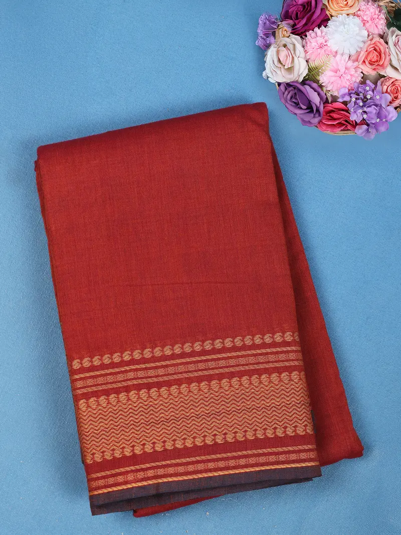 Rust Red Solid Design Pure Cotton Saree 1