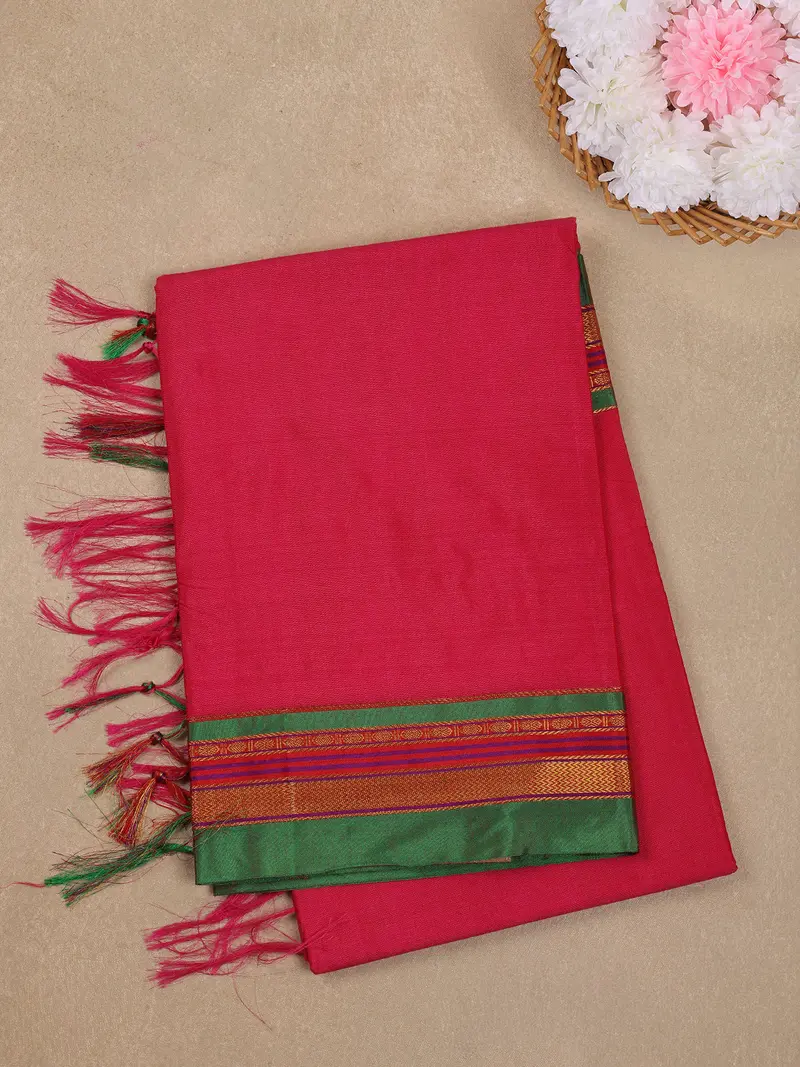 Rust Red Solid Design Semi Silk Cotton Saree With Contrast Border 1
