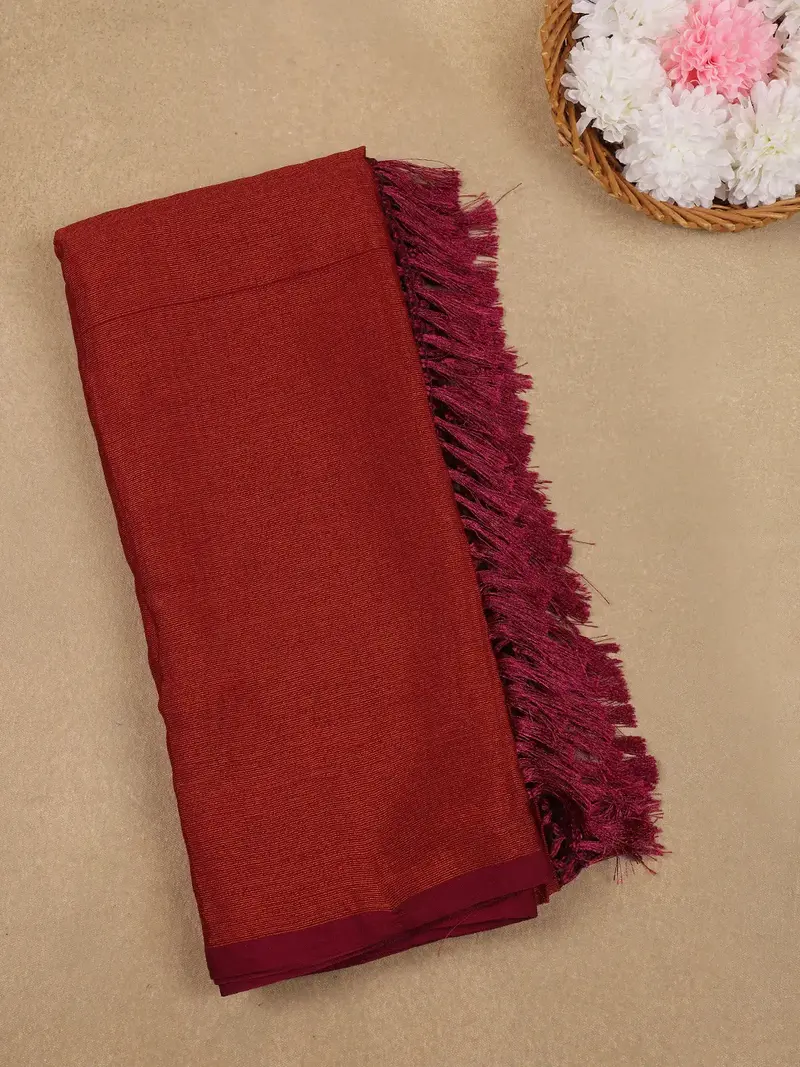 Rust Red Solid Silk Fancy Saree With Beaded Work Blouse 1