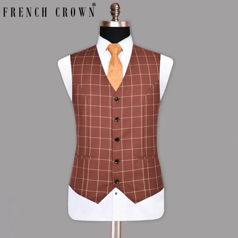 Rust Windowpane Wool Blend  Waistcoat 1