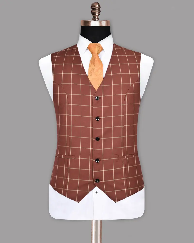 Rust Windowpane Wool Blend Waistcoat 2