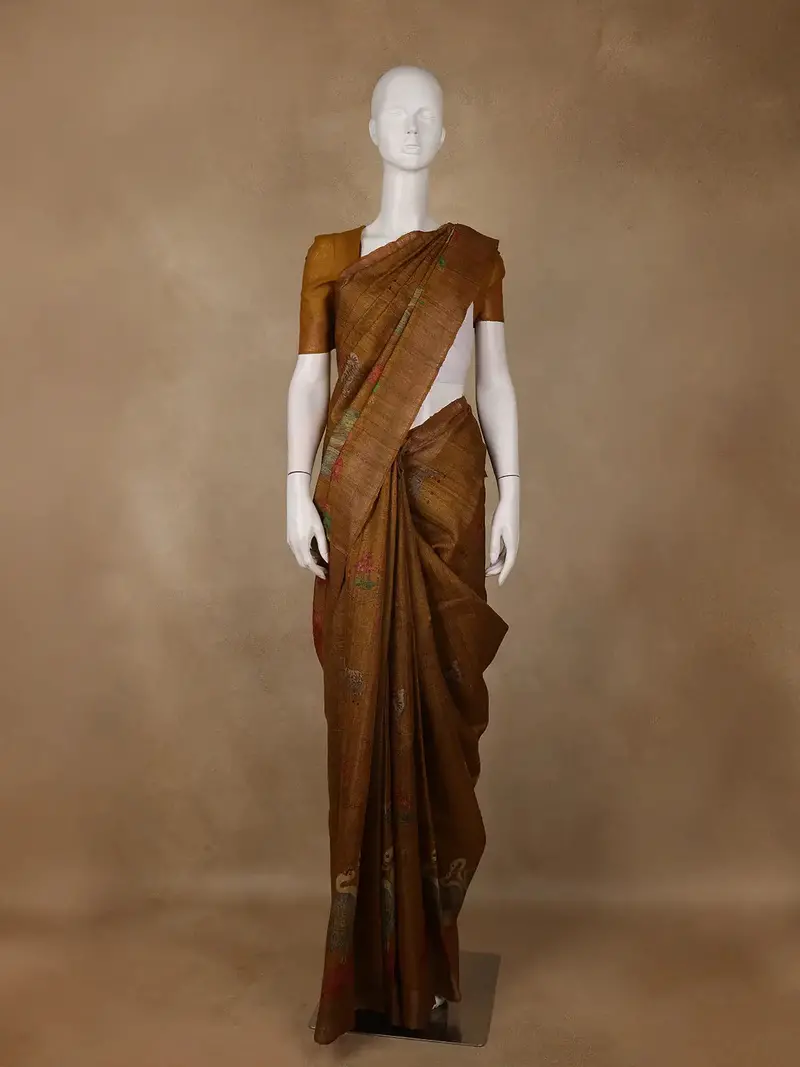 Rust Yellow Floral Design Tussar Silk Saree 1