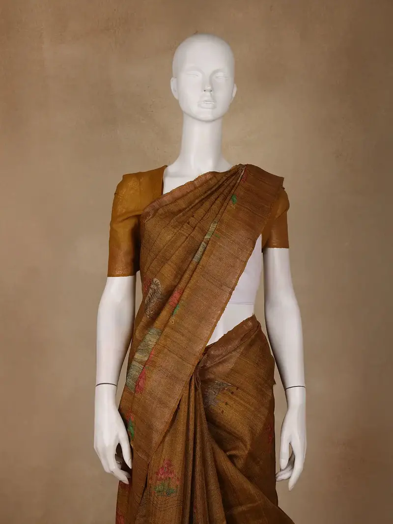 Rust Yellow Floral Design Tussar Silk Saree 2
