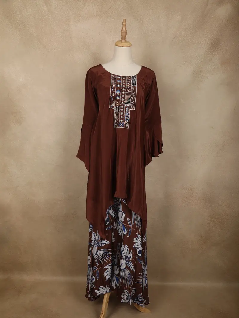 Rustic Cocoa Brown Floral Beads Embroidered Design Crepe Indo Western Palazzo Suit 1