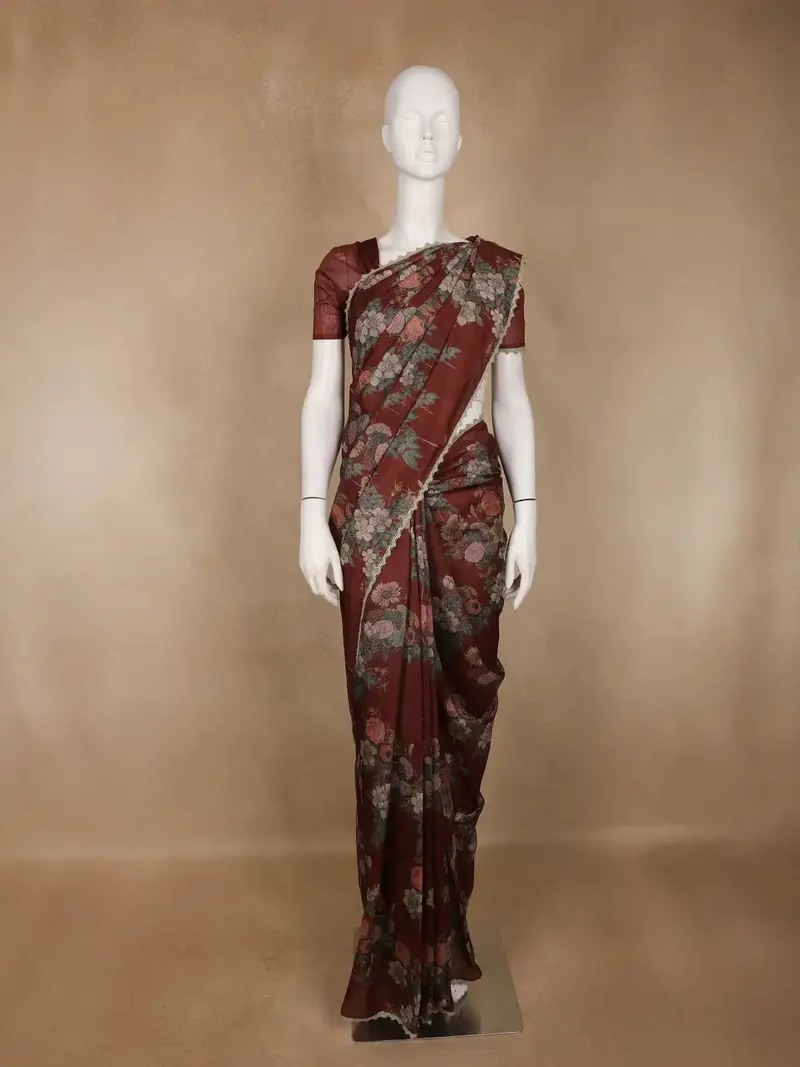 Rustic Maroon Floral Printed Tussar Silk Saree 1