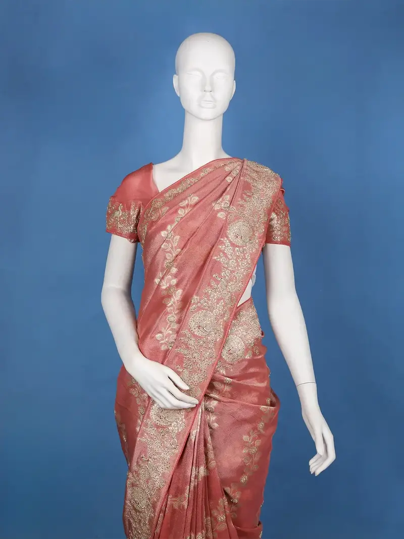 Rustic Rose Floral Zari Sequin Embellishment Organza Saree 1