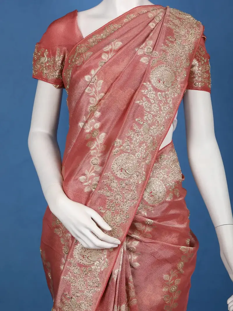 Rustic Rose Floral Zari Sequin Embellishment Organza Saree 2