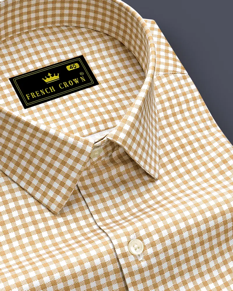 Rustiq-Barley Brown And Bright White Gingham Plaid Subtle Sheen Super Soft Premium Cotton Dress Shirt 1