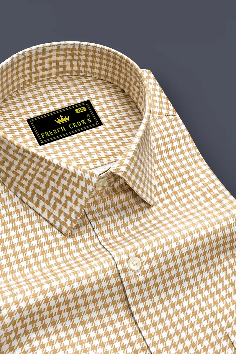 Rustiq-Barley Brown And Bright White Gingham Plaid Subtle Sheen Super Soft Premium Cotton Dress Shirt 2