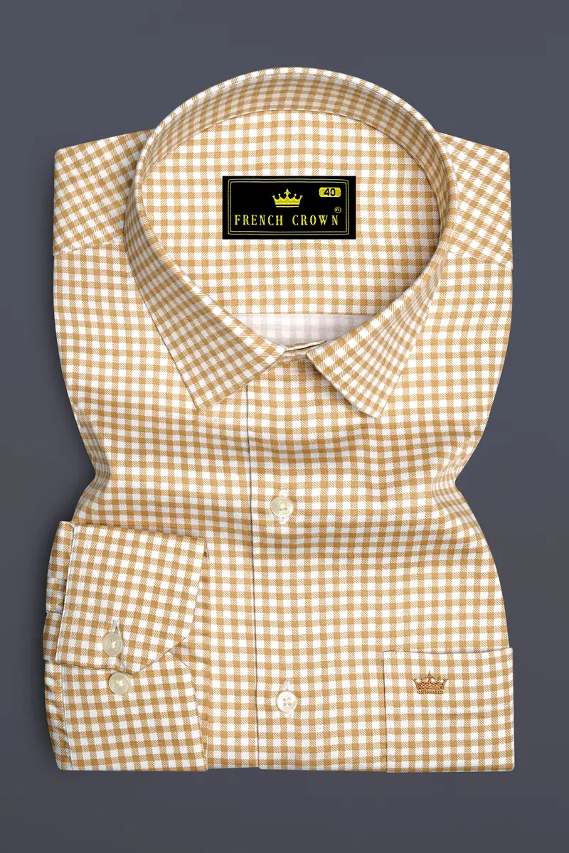 Rustiq-Barley Brown And Bright White Gingham Plaid Subtle Sheen Super Soft Premium Cotton Dress Shirt 4
