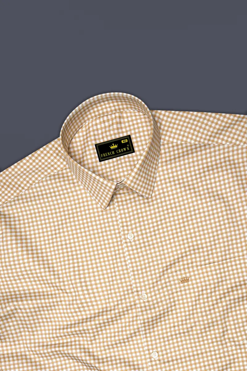 Rustiq-Barley Brown And Bright White Gingham Plaid Subtle Sheen Super Soft Premium Cotton Dress Shirt 5