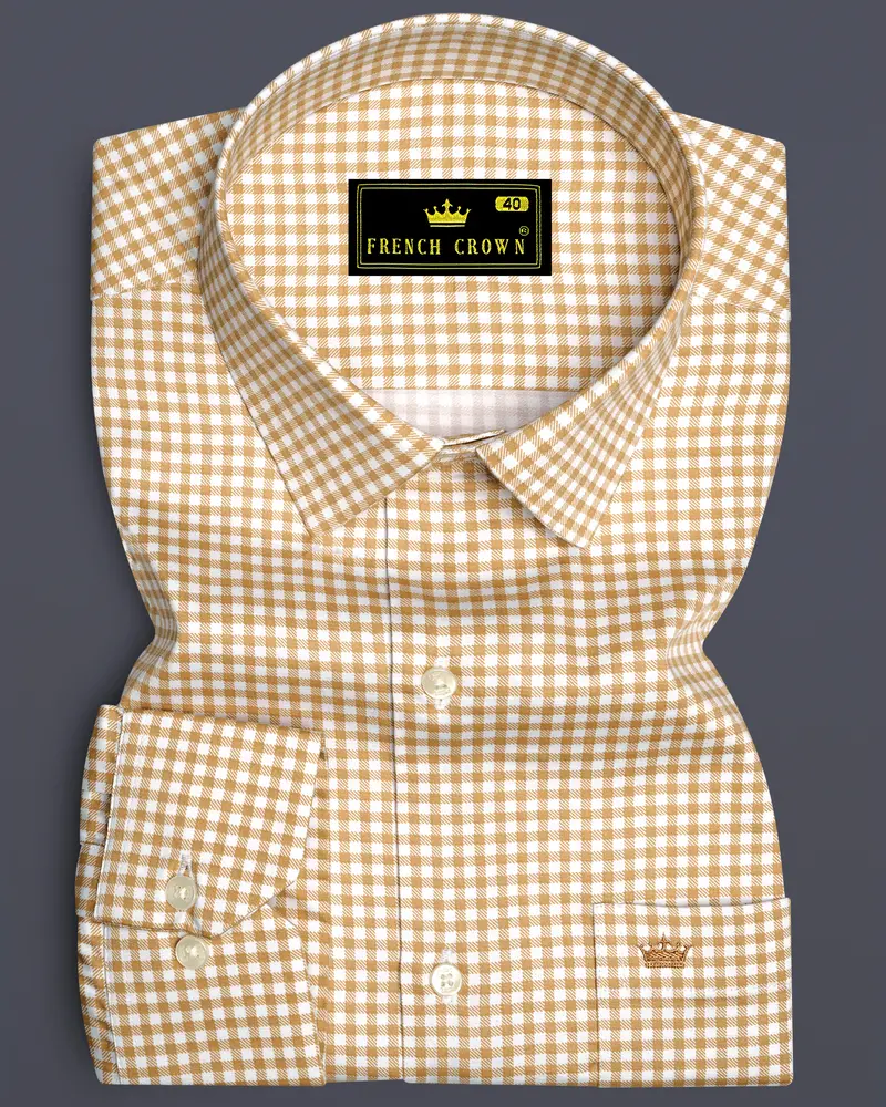 Rustiq-Barley Brown And Bright White Gingham Plaid Subtle Sheen Super Soft Premium Cotton Dress Shirt 6