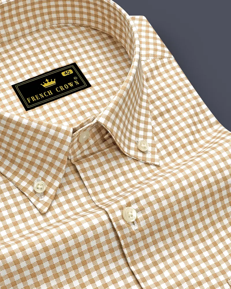 Rustiq-Barley Brown And Bright White Gingham Plaid Super Soft Premium Cotton Button Down Dress Shirt 1