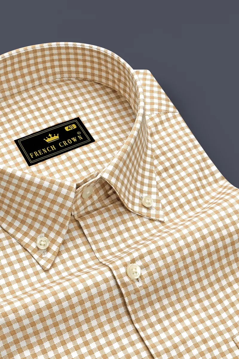Rustiq-Barley Brown And Bright White Gingham Plaid Super Soft Premium Cotton Button Down Dress Shirt 2