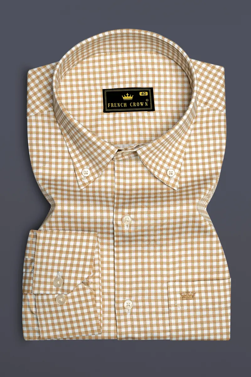 Rustiq-Barley Brown And Bright White Gingham Plaid Super Soft Premium Cotton Button Down Dress Shirt 4