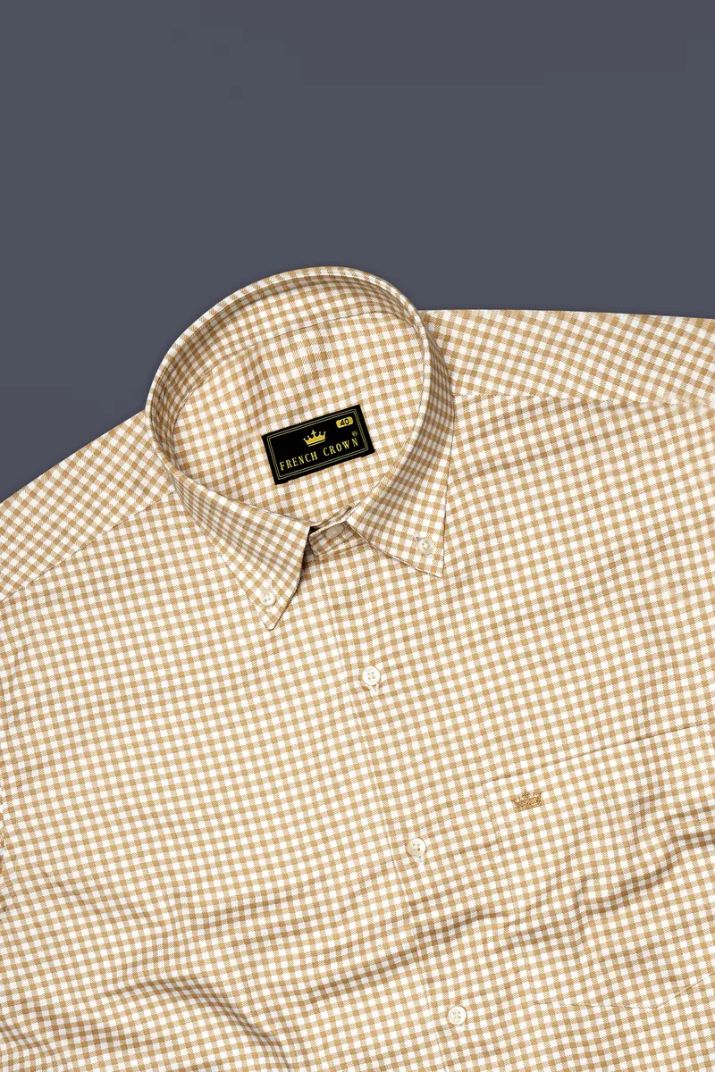 Rustiq-Barley Brown And Bright White Gingham Plaid Super Soft Premium Cotton Button Down Dress Shirt 5