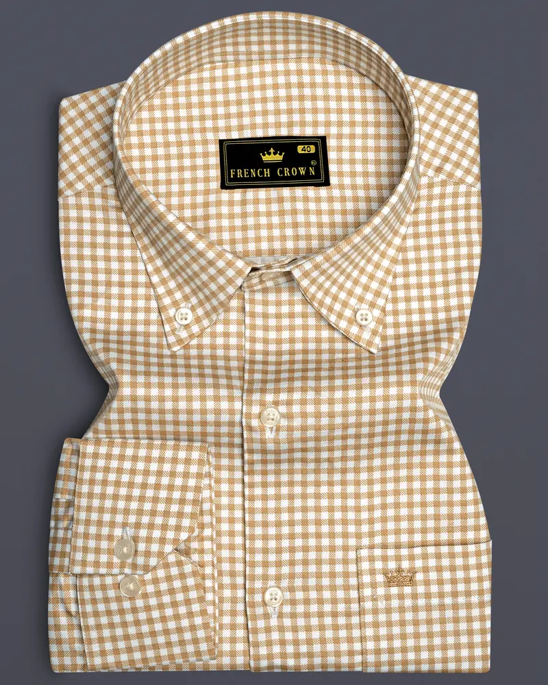 Rustiq-Barley Brown And Bright White Gingham Plaid Super Soft Premium Cotton Button Down Dress Shirt 6