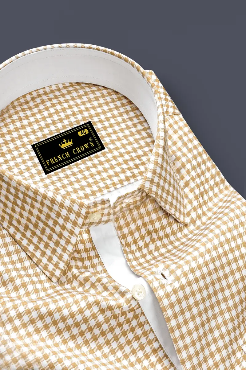 Rustiq-Barley Brown And Bright White Gingham Plaid Super Soft Premium Cotton Dress Shirt 2