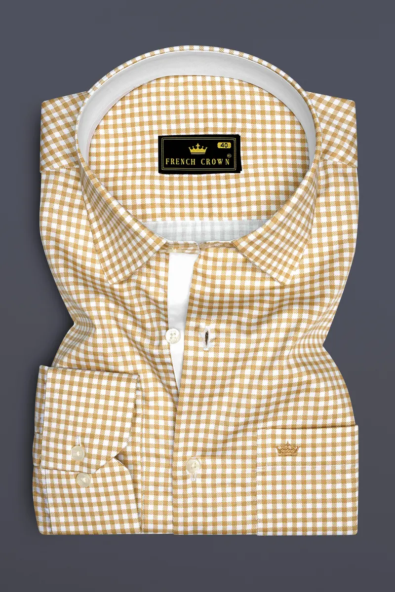Rustiq-Barley Brown And Bright White Gingham Plaid Super Soft Premium Cotton Dress Shirt 4