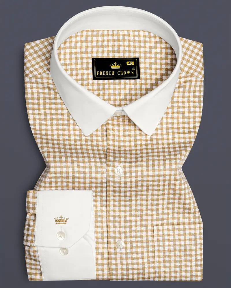 Rustiq-Barley Brown And Bright White Gingham Plaid Super Soft Premium Cotton Dress White Cuff Collar Shirt 1
