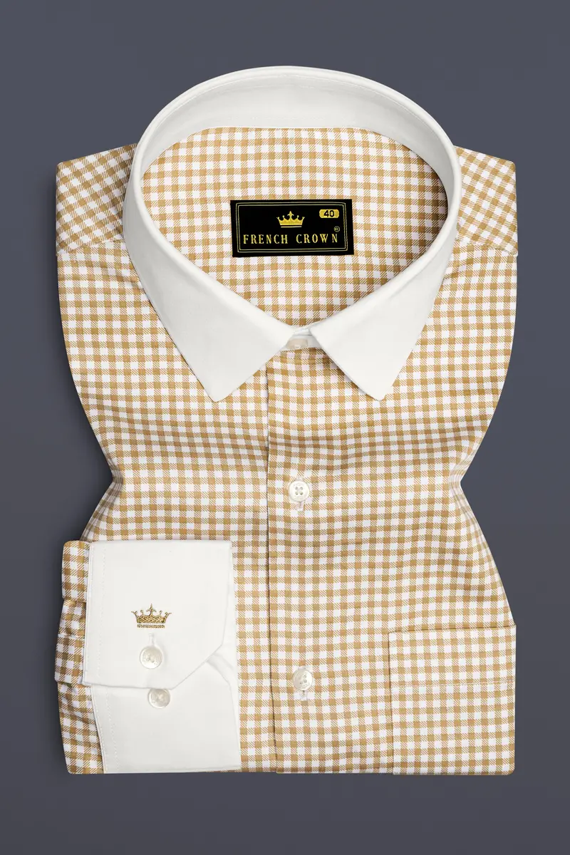 Rustiq-Barley Brown And Bright White Gingham Plaid Super Soft Premium Cotton Dress White Cuff Collar Shirt 2