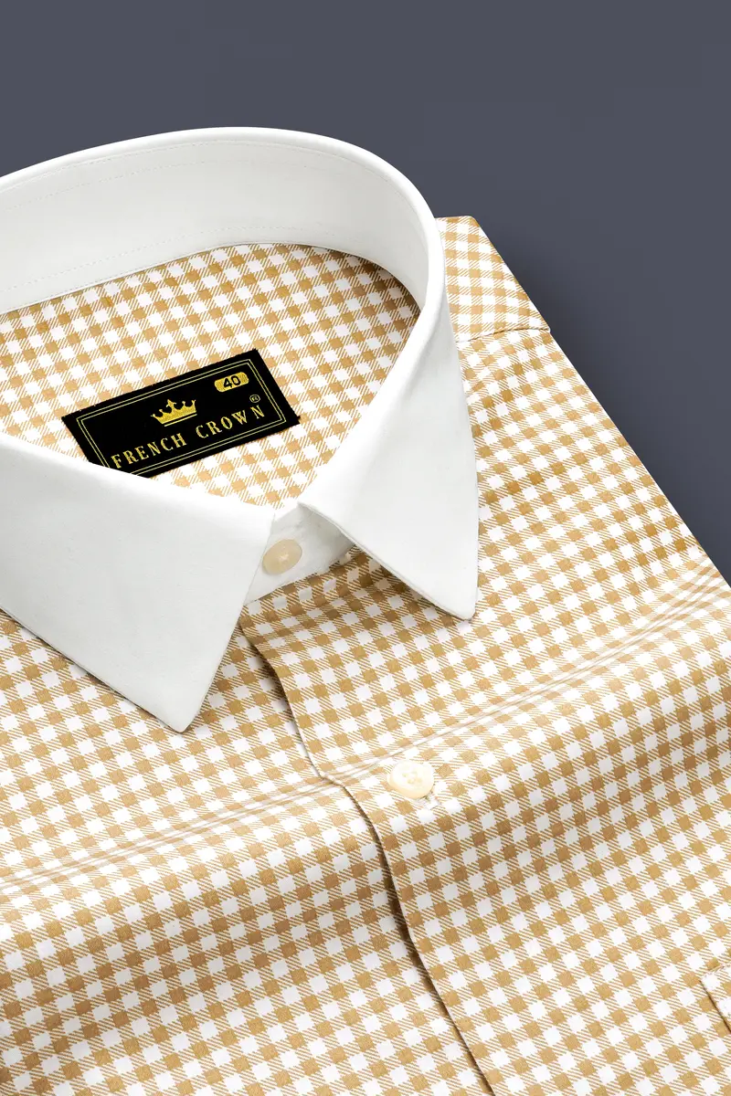 Rustiq-Barley Brown And Bright White Gingham Plaid Super Soft Premium Cotton Dress White Cuff Collar Shirt 4