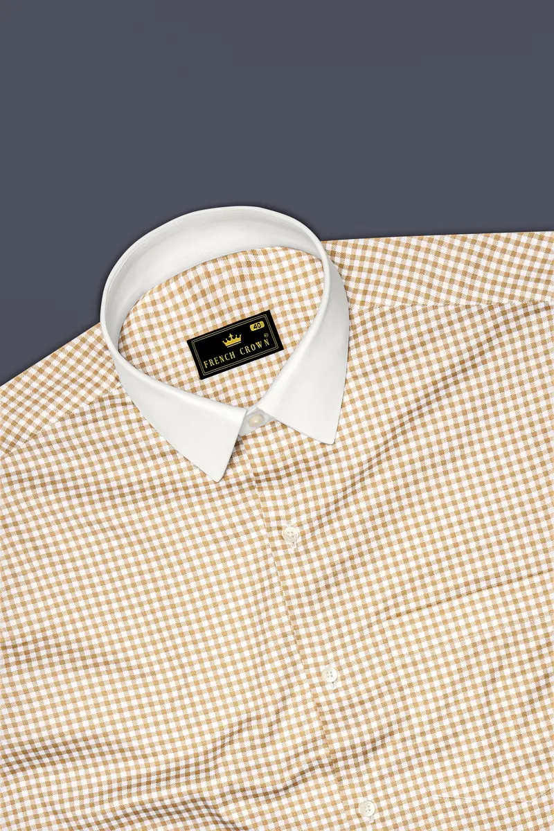 Rustiq-Barley Brown And Bright White Gingham Plaid Super Soft Premium Cotton Dress White Cuff Collar Shirt 5