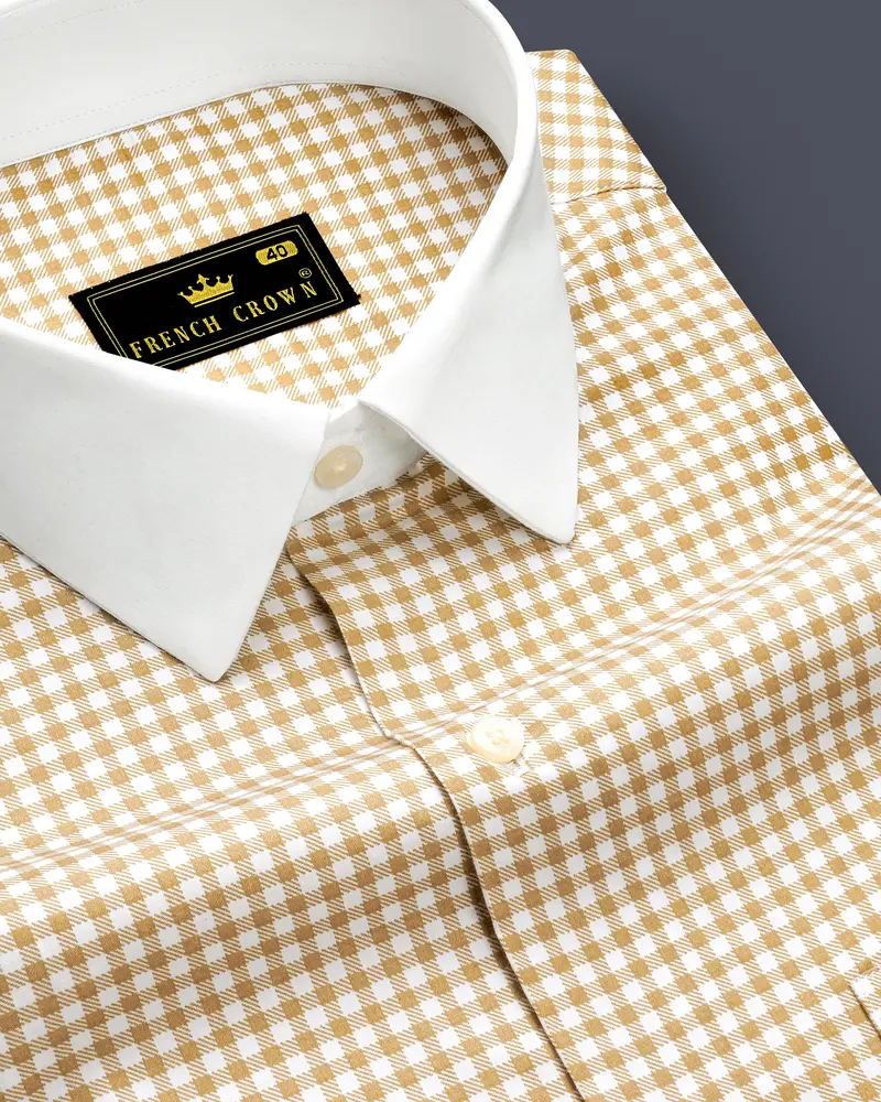 Rustiq-Barley Brown And Bright White Gingham Plaid Super Soft Premium Cotton Dress White Cuff Collar Shirt 6