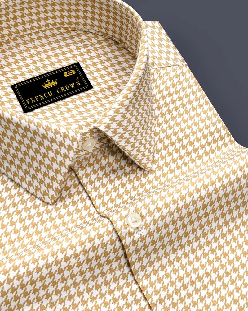 Rustiq-Barley Brown And Bright White Houndstooth Printed Subtle Sheen Super Soft Premium Cotton Dress Shirt 1