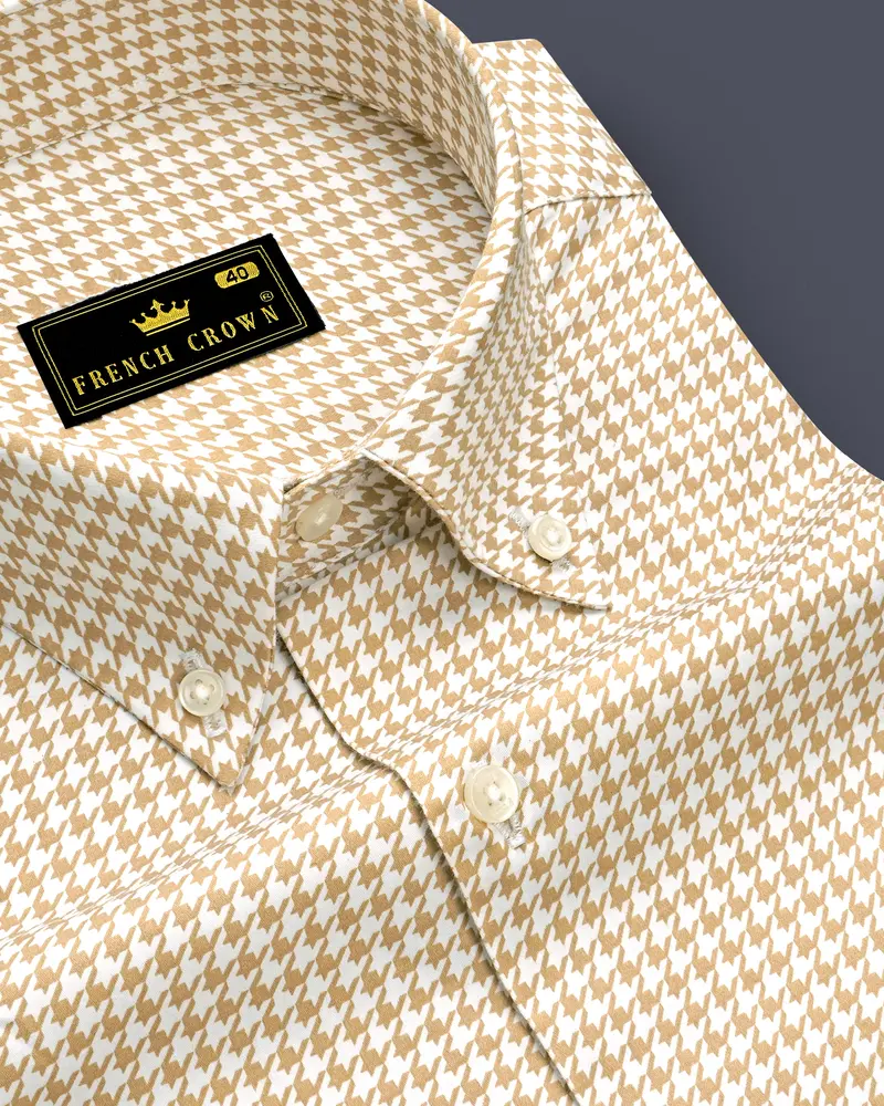 Rustiq-Barley Brown And Bright White Houndstooth Printed Super Soft Premium Cotton Button Down Dress Shirt 1