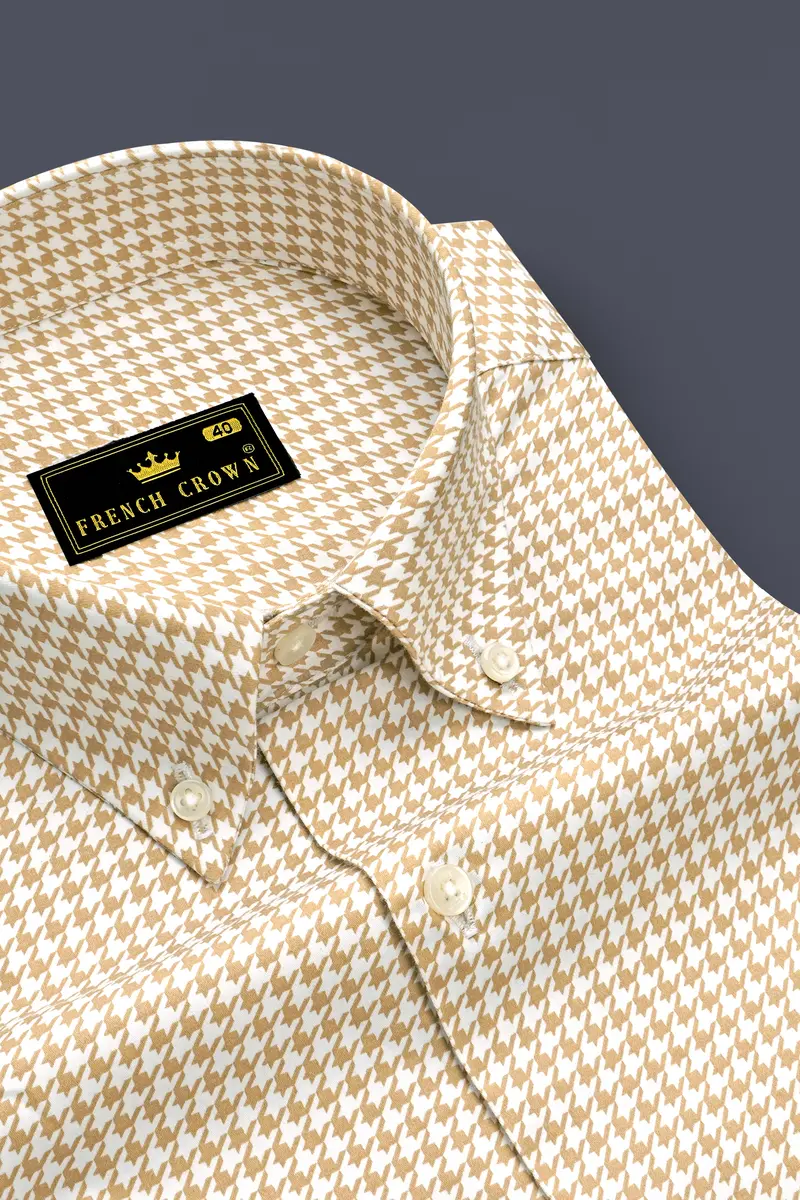 Rustiq-Barley Brown And Bright White Houndstooth Printed Super Soft Premium Cotton Button Down Dress Shirt 2