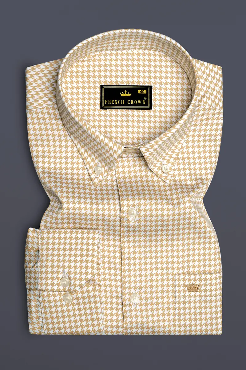 Rustiq-Barley Brown And Bright White Houndstooth Printed Super Soft Premium Cotton Button Down Dress Shirt 4