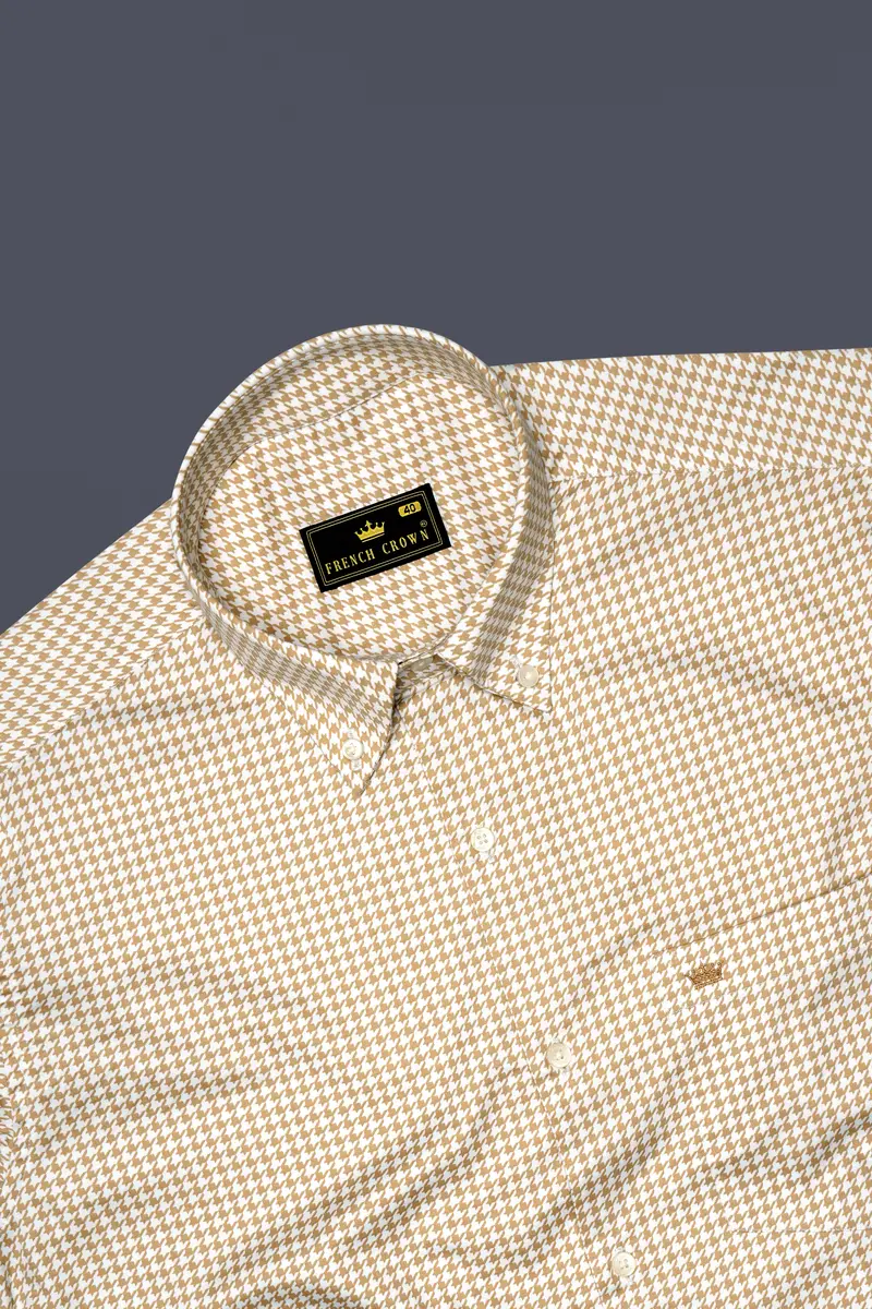 Rustiq-Barley Brown And Bright White Houndstooth Printed Super Soft Premium Cotton Button Down Dress Shirt 5