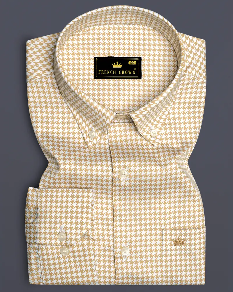 Rustiq-Barley Brown And Bright White Houndstooth Printed Super Soft Premium Cotton Button Down Dress Shirt 6