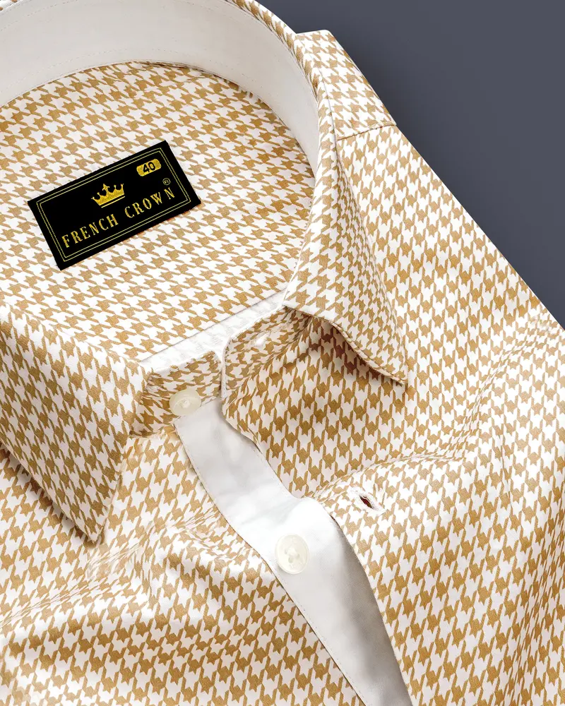 Rustiq-Barley Brown And Bright White Houndstooth Printed Super Soft Premium Cotton Dress Shirt 1