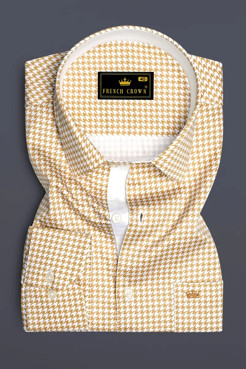 Rustiq-Barley Brown And Bright White Houndstooth Printed Super Soft Premium Cotton Dress Shirt 4