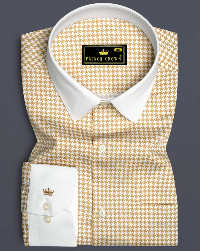 Rustiq-Barley Brown And Bright White Houndstooth Printed Super Soft Premium Cotton Dress White Cuff Collar Shirt 1