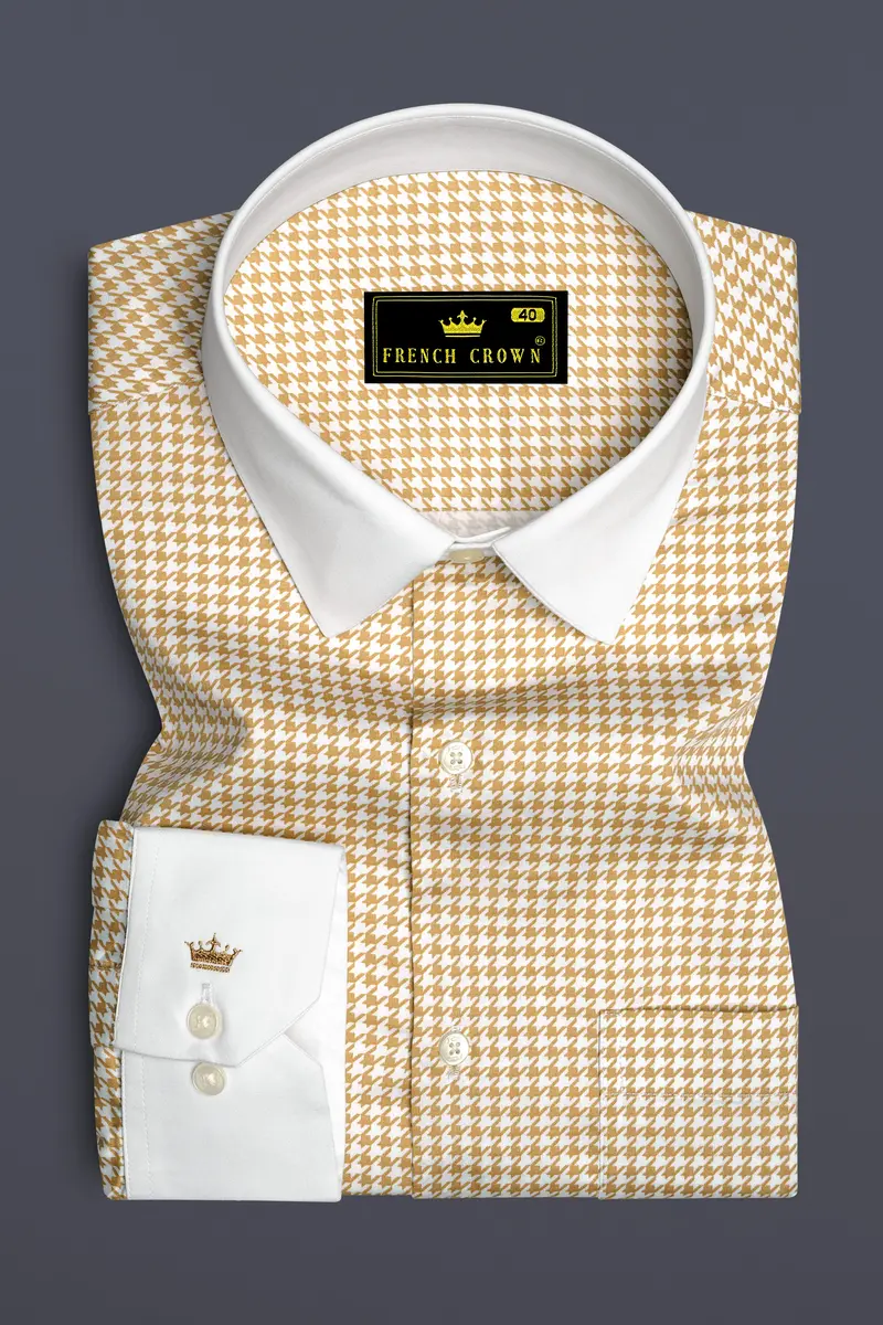 Rustiq-Barley Brown And Bright White Houndstooth Printed Super Soft Premium Cotton Dress White Cuff Collar Shirt 2