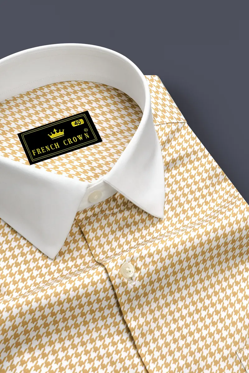 Rustiq-Barley Brown And Bright White Houndstooth Printed Super Soft Premium Cotton Dress White Cuff Collar Shirt 4