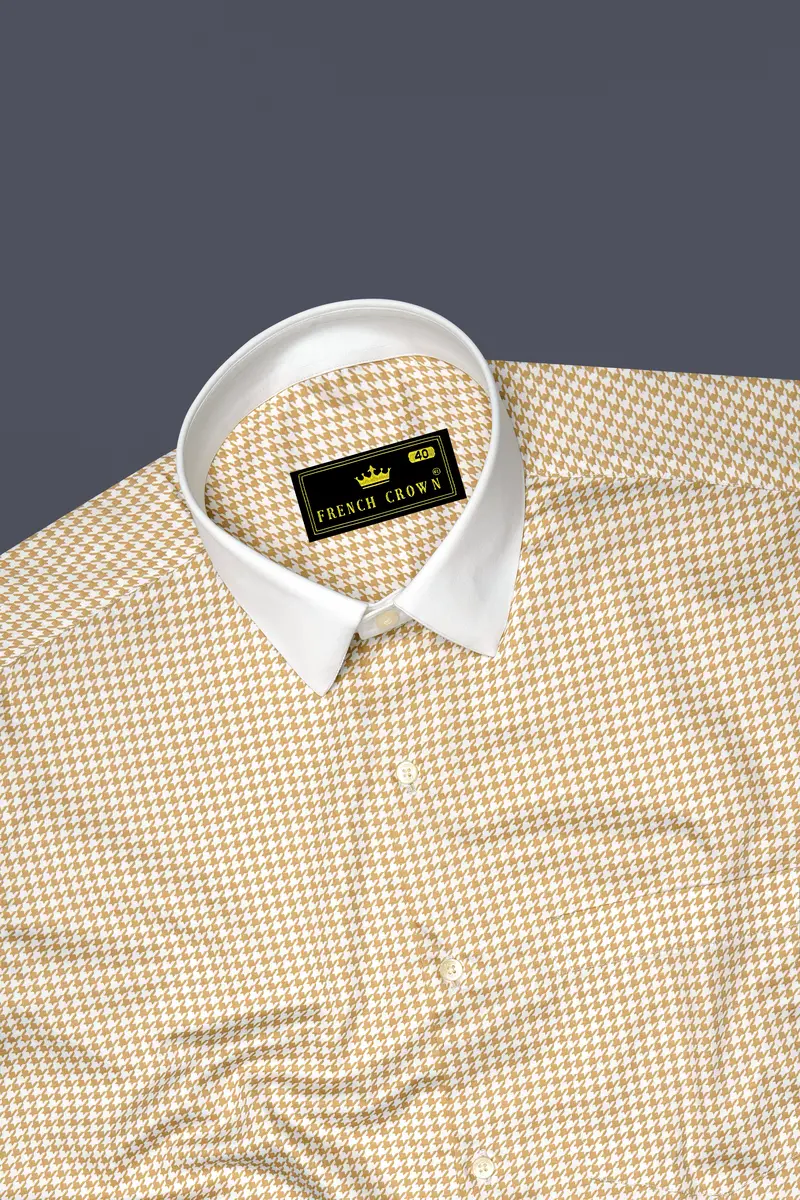 Rustiq-Barley Brown And Bright White Houndstooth Printed Super Soft Premium Cotton Dress White Cuff Collar Shirt 5